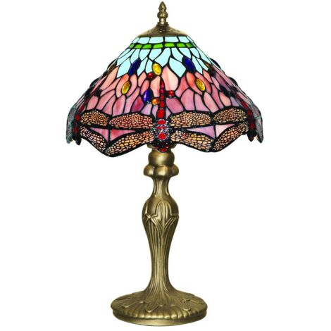 Searchlight Dragonfly - Lampe de Table 1 Lumière Laiton Antique, Verre Tiffany, Rouge, Bleu, E27