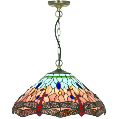 Searchlight Dragonfly - Plafonnier à 1 Lumière, Laiton Antique, Bleu, Verre Tiffany Libellule, E14