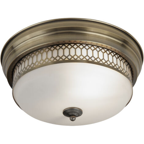 Searchlight Edinburgh - Plafond affleurant de salle de bains à 2 ampoules en laiton antique, blanc IP44, E27