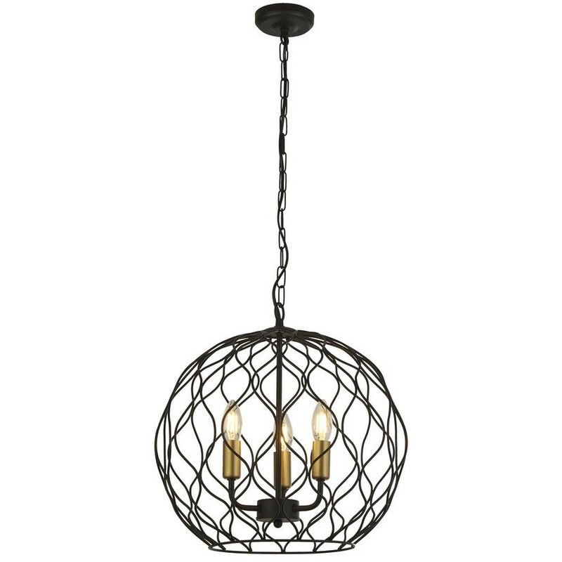 Searchlight Lighting - Searchlight FINESSE - 3 Light Round Cage Ceiling Pendant - Black with Gold Lampholders