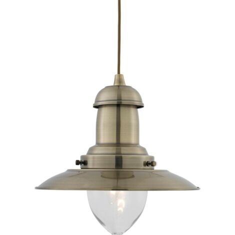 Searchlight Fisherman - Luminaire suspendu à 1 ampoule dôme en laiton antique, verre clair moyen, E27