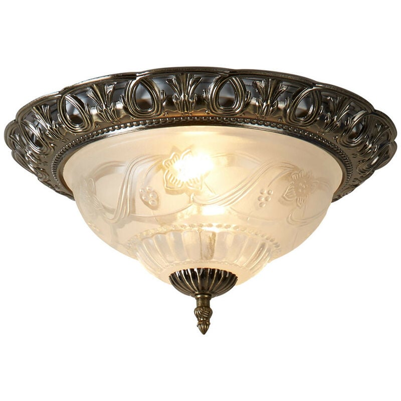 Flush - Flush Ceiling 2 Light Antique Brass with Frosted Glass Diffuser, E14 - Searchlight