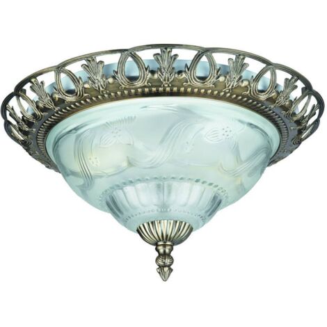 Searchlight Flush - Plafonnier affleurant à 2 ampoules en laiton antique avec diffuseur en verre givré, E14
