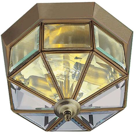 Searchlight Flush - Plafonnier affleurant à 2 ampoules en laiton antique avec verre transparent, E14