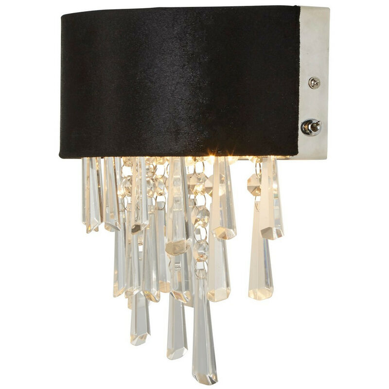 Image of Glamour Lampada da parete a 2 luci in velluto nero, cristallo trasparente - Searchlight