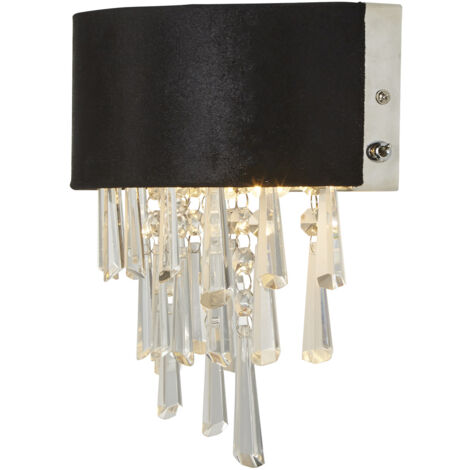 Searchlight Glamour Lampada da parete a 2 luci in velluto nero, cristallo trasparente