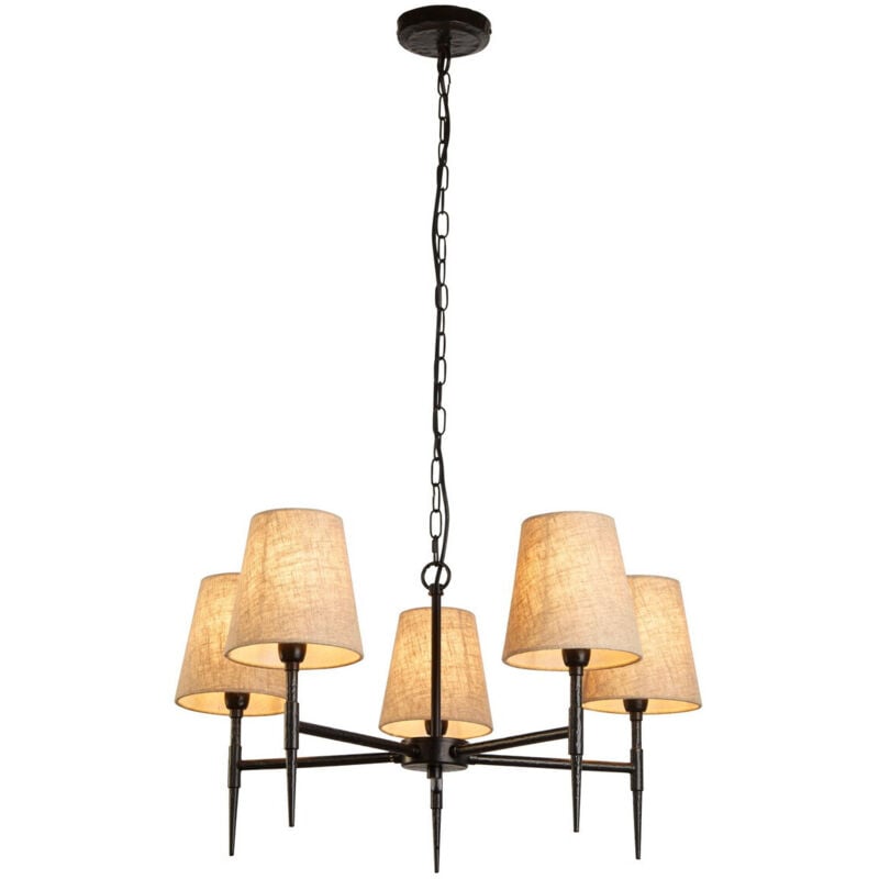 Searchlight Gothic 5 Light Pendant Hammered Black, Natural Linen