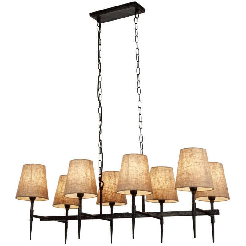 Searchlight - Gothic 8 Light Bar Pendant, Hammered Black, Natural Linen