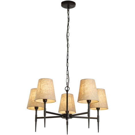 Searchlight Gothic Sospensione 5 Luci Nero Martellato, Lino Naturale