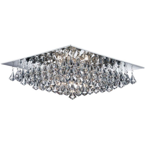 Searchlight Hanna - Plafonnier carré à 8 ampoules semi-affleurant chrome avec cristaux pyramidaux, G9