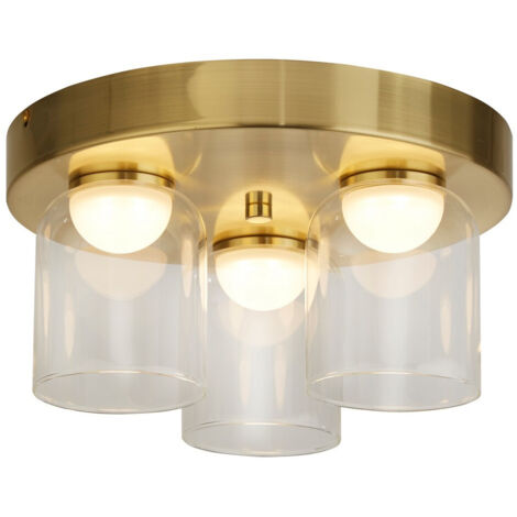 Searchlight Highball Plafoniera LED a 3 luci, ottone satinato e vetro trasparente IP44