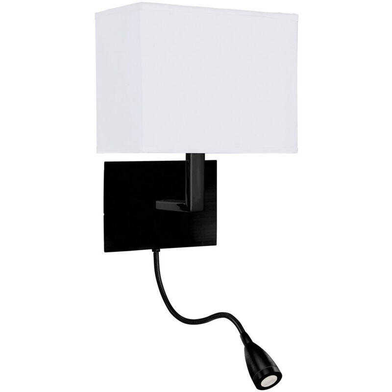 Searchlight - Hotel Wall Light Matt Black, White Fabric Shade with Reading Light