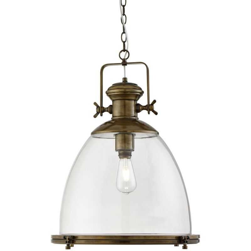 Image of Industrial - Sospensione a soffitto a cupola a 1 luce in ottone antico con diffusore in vetro trasparente, E27 - Searchlight