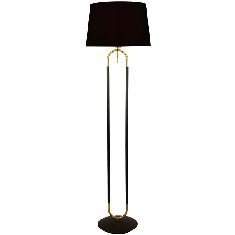Image of Jazz Lampada da terra a 1 luce, ottone satinato e interruttore a tirante con paralume in velluto nero - Searchlight
