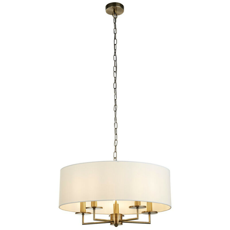 Searchlight Knightsbridge 5 Light Pendant, Antique Brass, White Linen Shade