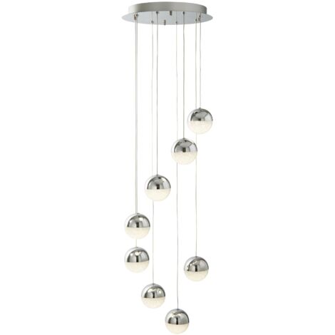 Searchlight Marbles - Pendentif en grappe en spirale à 8 ampoules DEL intégrées, chrome, verre de glace pilé