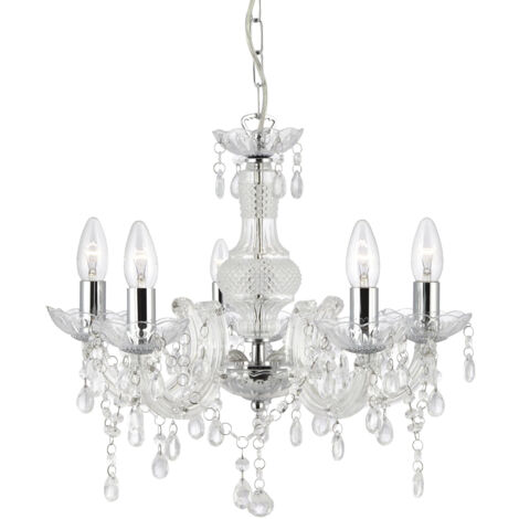 Searchlight Marie Therese - Lampada da soffitto a 5 luci multibraccio trasparente con cristalli, E14