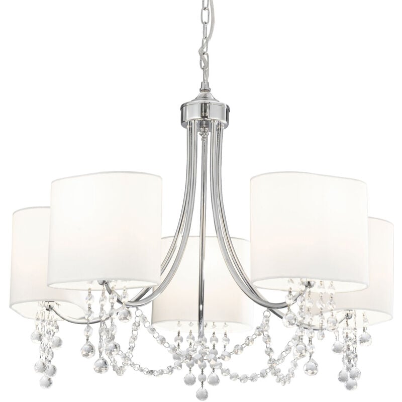 Lampadario Contemporaneo Nina Acciaio Cromo Tessuto Bianco 5 Luci E14