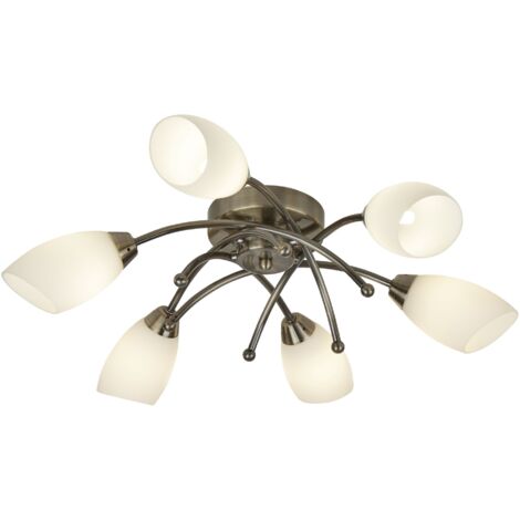 Searchlight Opera - Plafonnier affleurant à 6 bras à 6 branches en laiton antique et verre opale, G9