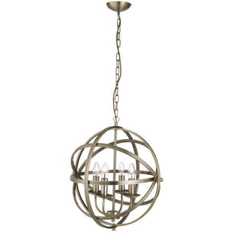 Searchlight Orbit - Lampada da soffitto a gabbia sferica a 4 luci in ottone antico, E14