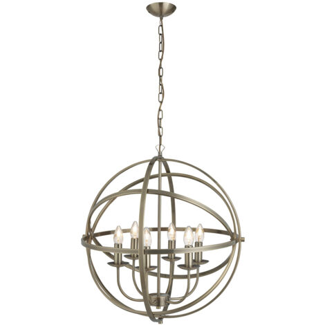 Searchlight Orbit - Sospensione a soffitto a gabbia sferica a 6 luci in ottone antico, E14