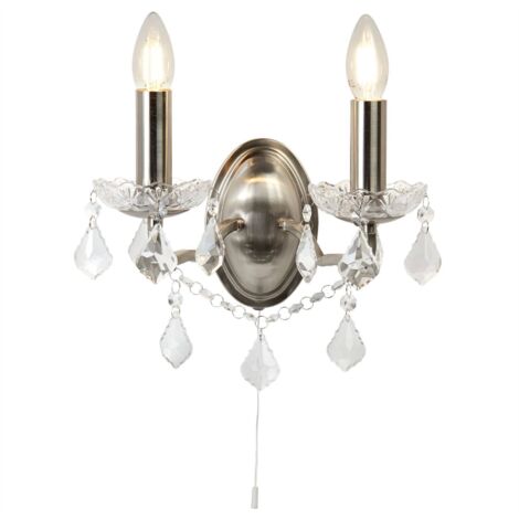 Searchlight Paris - Applique murale d'intérieur à 2 ampoules, argent satiné, transparent avec verre en cristal, E14