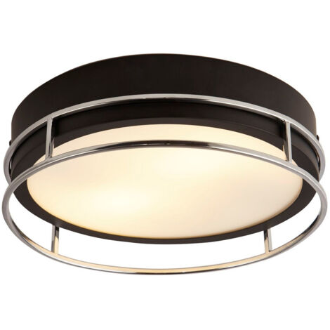 Searchlight Pheonix Plafonnier Phoenix à 2 ampoules, noir, chrome, verre dépoli