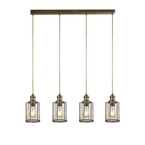 Searchlight Pipes - Lampada a sospensione a 4 barre in ottone antico, paralume in vetro, attacco E27