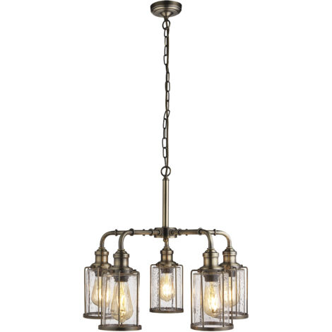 Searchlight Pipes - Lampadario a 5 luci in ottone antico, paralume in vetro, attacco E27