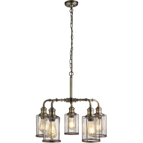 Searchlight Pipes - Suspension à 5 ampoules en laiton antique, abat-jour en verre, E27