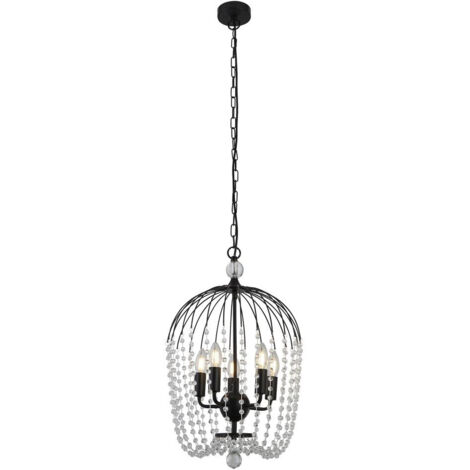 Searchlight Shower Luminaire suspendu à 5 ampoules, fini noir, métal, cristal clair