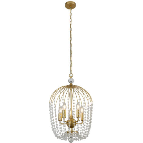 Searchlight Shower Suspension à 5 lampes, finition dorée, métal, cristal clair