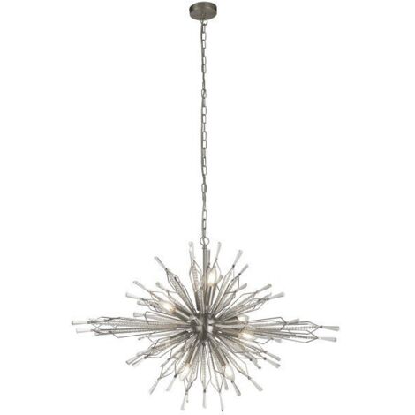 Searchlight STARBURST - Plafonnier à 8 ampoules en argent satiné avec détail de perles en verre transparent