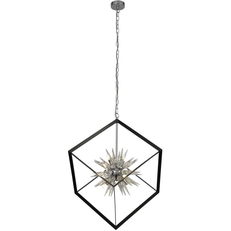 Stellar Suspension boule à 6 ampoules Spike, cadre noir mat, verre cristal - Searchlight