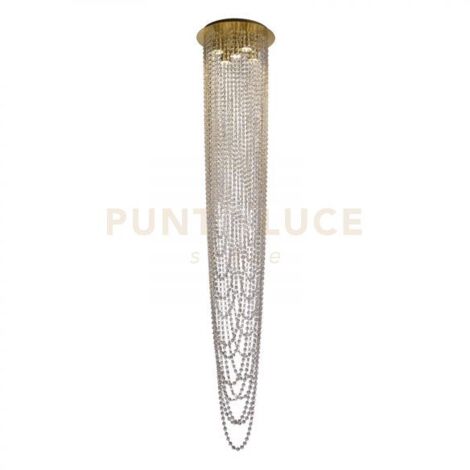 Searchlight Swoop Lampadario a sospensione a 5 luci, ottone satinato e cristallo trasparente