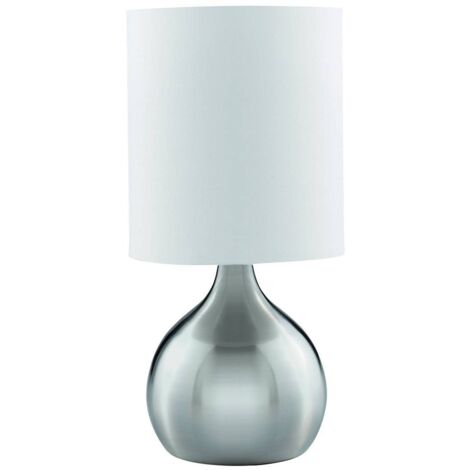 Searchlight Touch - 1 lampe tactile de table lumineuse argent satiné avec abat-jour en tissu, E14