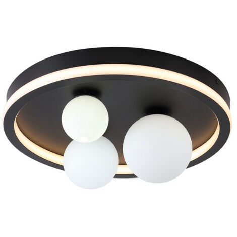Searchlight Trident Plafonnier LED 3 lumières, métal noir et boules en verre opale