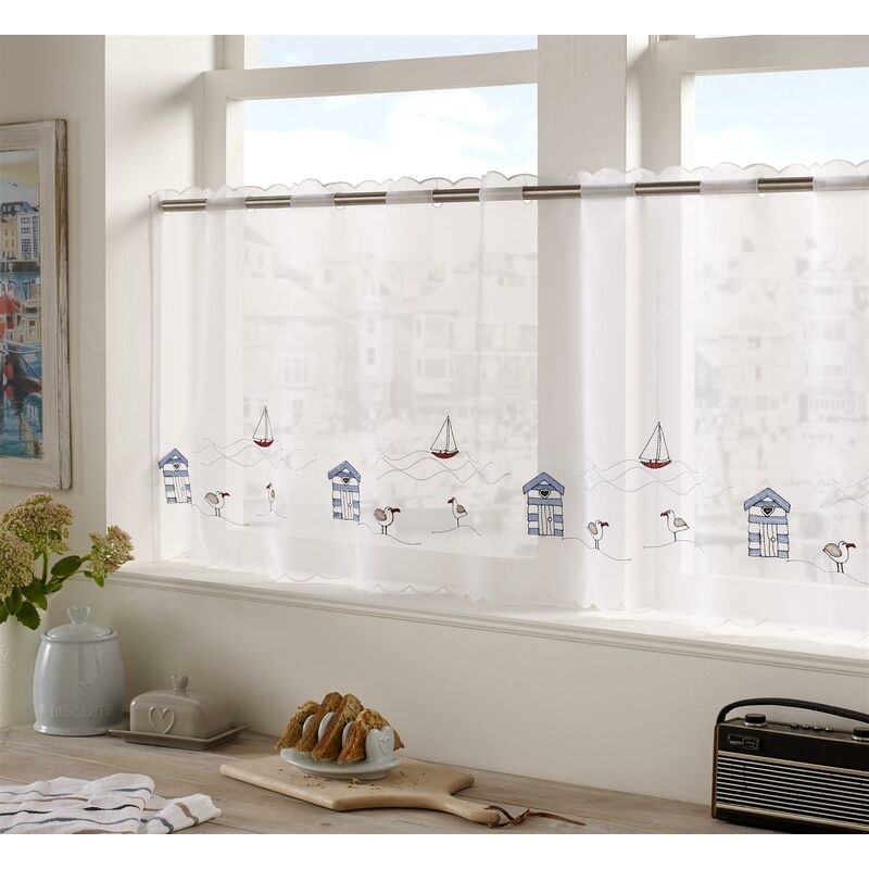 Seaside 18" Café Panel Kitchen Window Curtain Embroidered Voile
