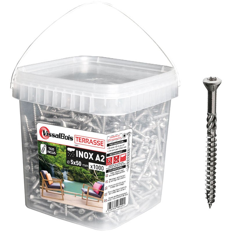 Vissal - Seau 1000 vis terrasse 5 x 50mm tête réduite inox A2