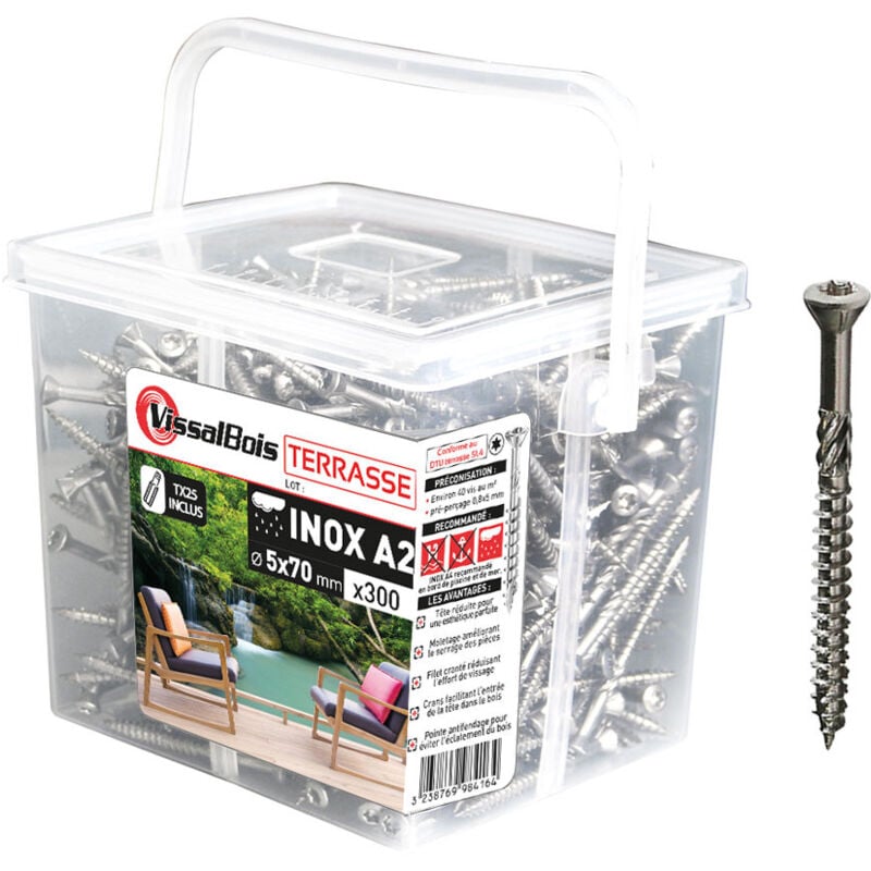 Vissal - Seau 300 vis terrasse 5 x 70mm tête réduite inox A2