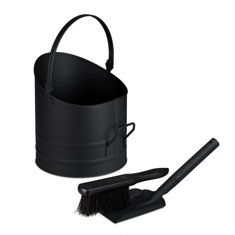 Relaxdays - Seau à cendres avec poignée, incluant pelle et balai, récipient à charbon en fer, métal, noir