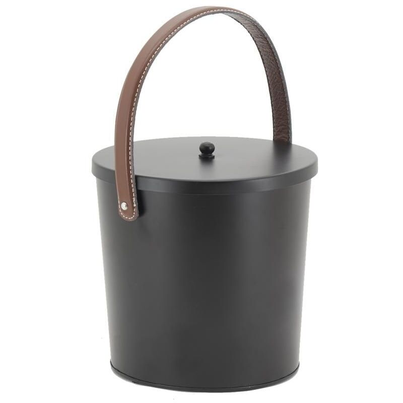 Seau à cendres en métal noir et cuir