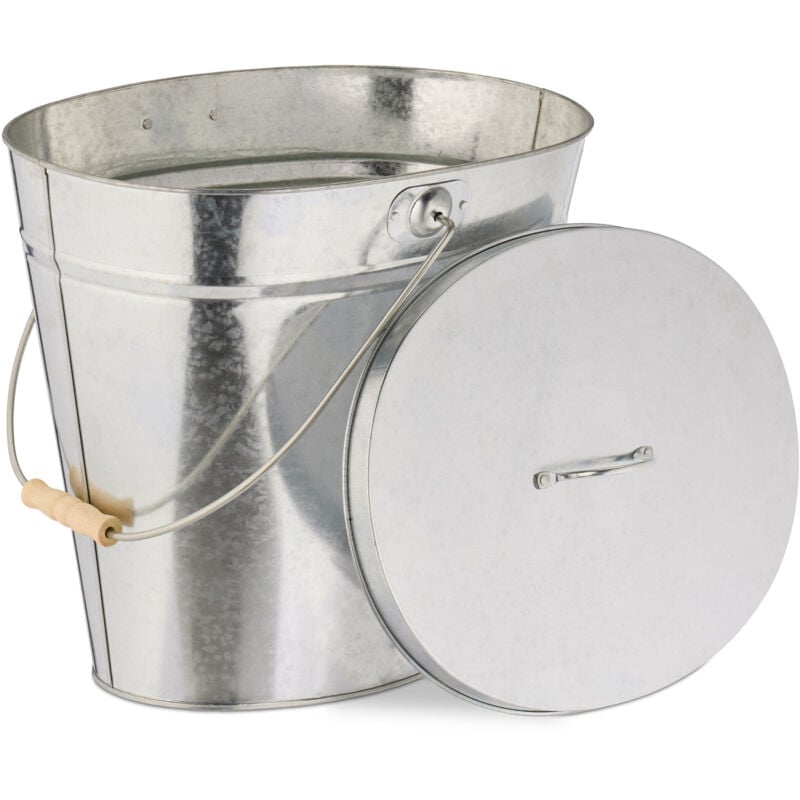 Relaxdays - Seau avec couvercle, 12 l, poignée en bois, pour charbon & cendres, cheminée, poêle, acier galvanisé, argenté