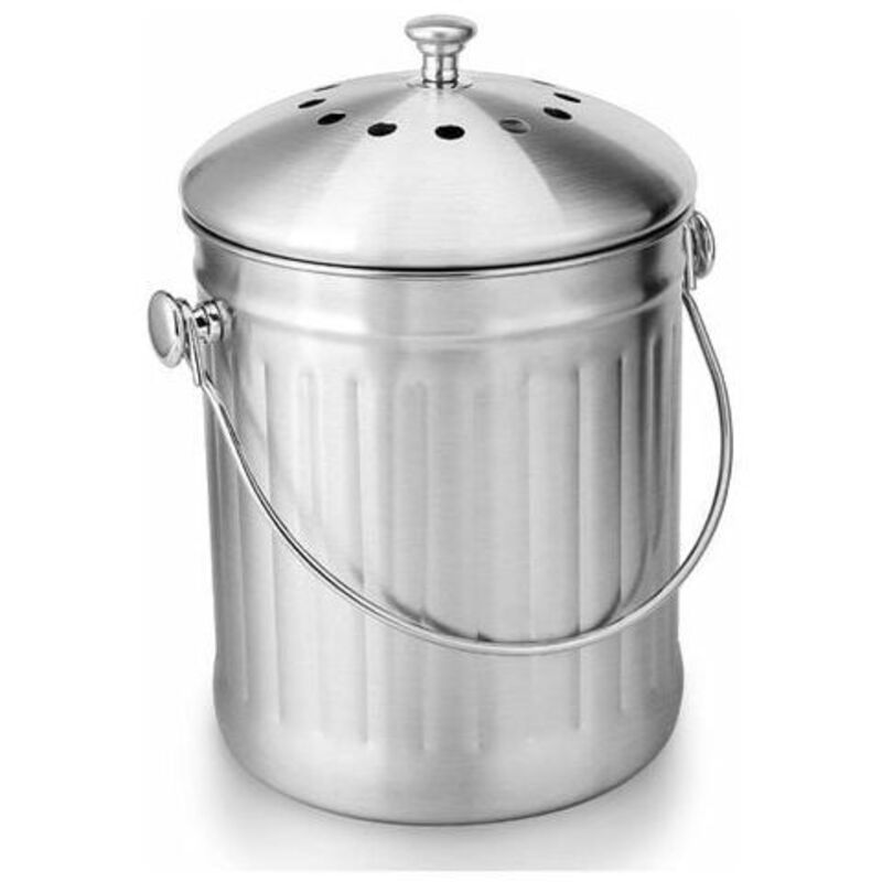 Seau Compost Inodore en Acier Inoxydable pour Cuisine - Poubelle Compost Cuisine - Comprend Filtres à Charbon de Rechange (INOX Brillant, 5 litres)