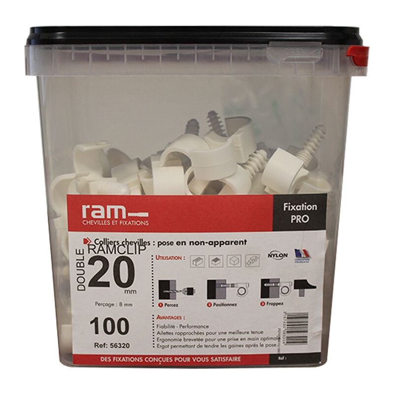 Seau de 100 RAM clip blanc double Ø20 pour fixer les gaines souples RAM