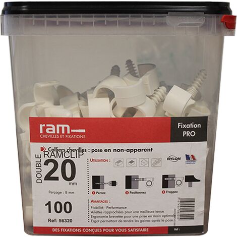Seau de 100 RAMCLIP blanc double Ø20 pour fixer les gaines souples - Ram