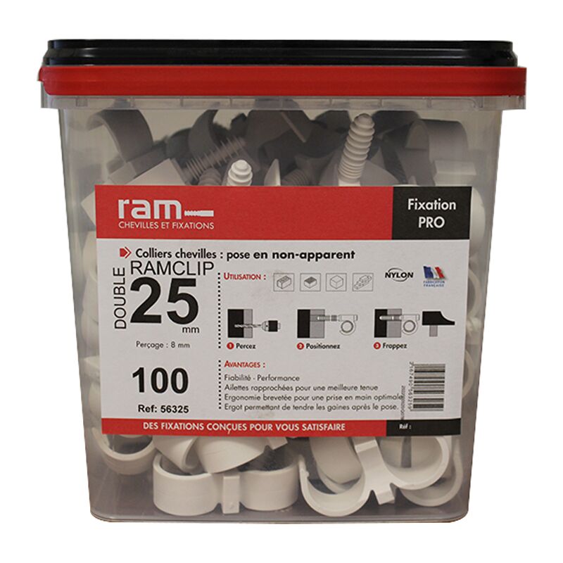 Seau de 100 RAM clip blanc double Ø26 pour fixer les gaines souples RAM