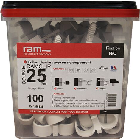 Seau de 100 RAMCLIP blanc double Ø26 pour fixer les gaines souples - Ram