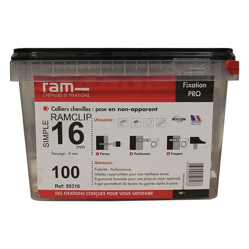 Seau de 100 RAM clip blanc simple Ø16 pour fixer les gaines souples RAM