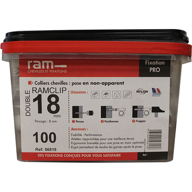 RAM - 100 Colliers cheville double gris clip pour gaine souple Ø18